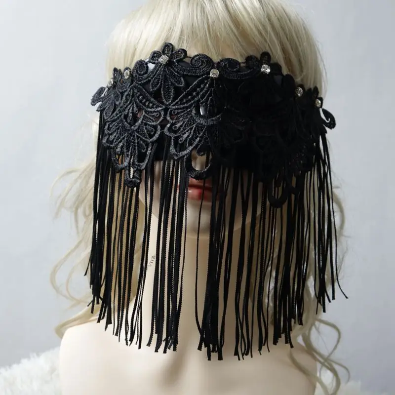 

Black Lace Tassel Masquerade Mask for Women Full Face Blindfold Halloween Party Mysterious Cosplay Mask for Costume
