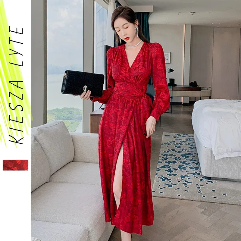 

2024 Spring New Elegant Red Dress Vintage Printed V Neck Lace Up Party Beach Holiday Club Dresses Sundress
