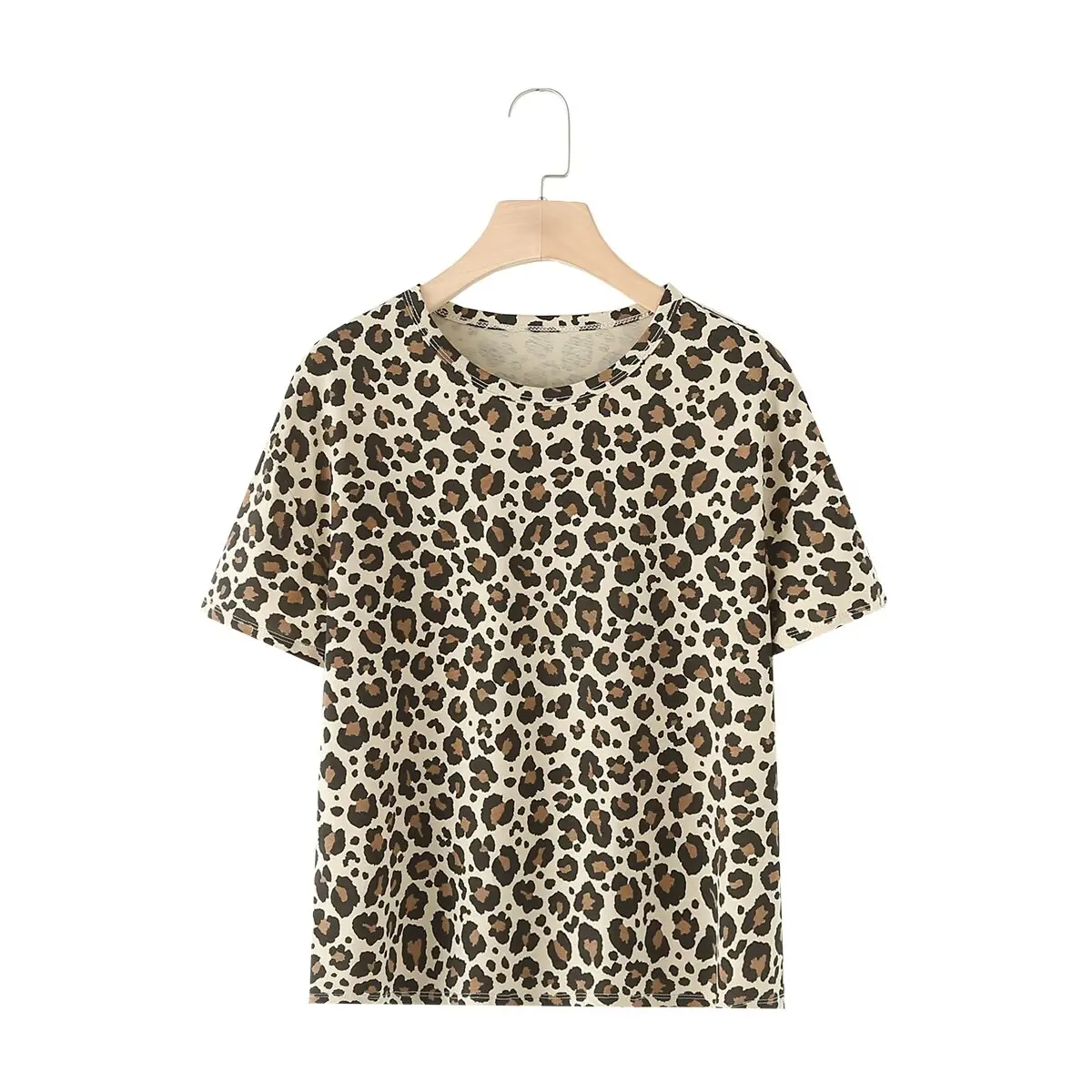 2024 ZAR4 Summer New Women\'s Simple and Versatile Round Neck Short Sleeve Leopard Print T-shirt Casual Top