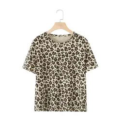 2024 ZAR4 Summer New Women's Simple and Versatile Round Neck Short Sleeve Leopard Print T-shirt Casual Top