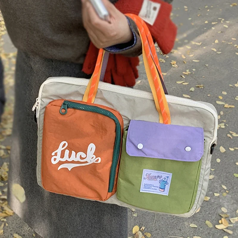 

2025 Новая модная корейская компьютерная сумка, женская парусиновая сумка контрастного цвета, повседневная портативная дорожная сумка большой вместимости