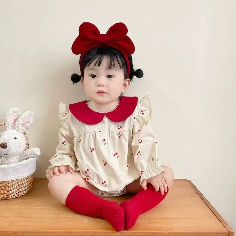 New 2025 Autumn Baby Clothes Sweet Cherry Printed Girls Bodysuit Newborn Peter Pan Collar Princess Clothing Toddler One Piece