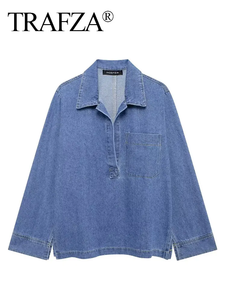 

TRAFZA 2024 Autumn Women Fashion Denim Pullover New Open Collar Loose Shirt Tops Woman Wild Streetwear Female Top Trendy