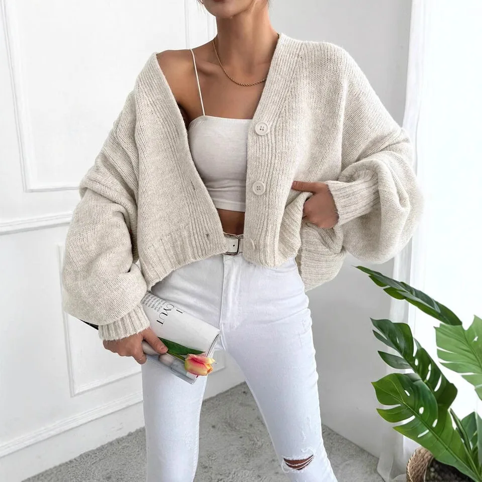 

2025 Korean Casual Sweater Women V Neck Short Solid Long Sleeves Knitted Cardigan Chic Jacket