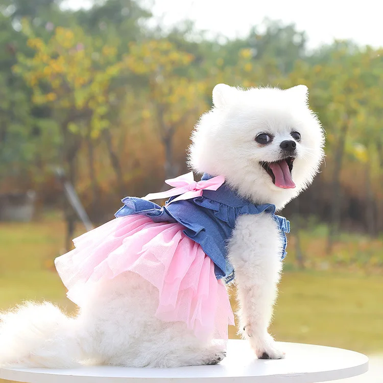 Summer Puppy Clothes Pet Denim Dresses for Small Dogs Pomeranian Chihuahua Dog Kitten Skirt Princess Dress Pink Girls Clothing