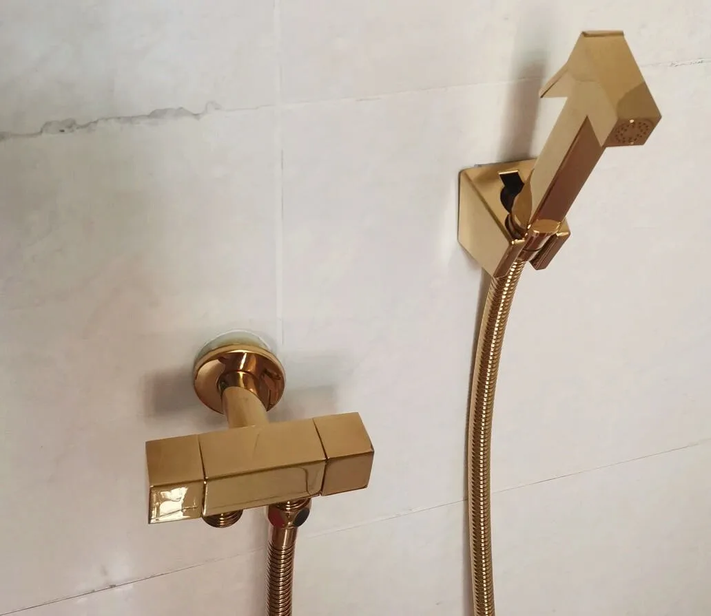 Hand Held Bidet Sprayer Douche Toilet Kit Shiny Gold Brass Square Shattaf Shower Head Copper diverter Valve Jet Bidet Faucet