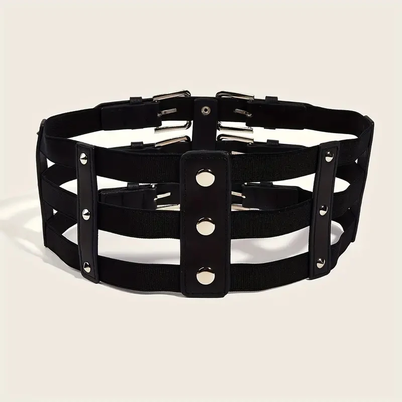 Cintura larga elastica nera con corsetto catena con nappe femminili grandi cinture di design elasticizzate per le donne Goth Y2K cintura Plus Size