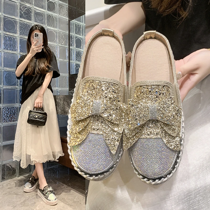 High-heel platform toe water droplet sequin bow fashion versatile comfortable anti-slip breathable women's fashion slippers