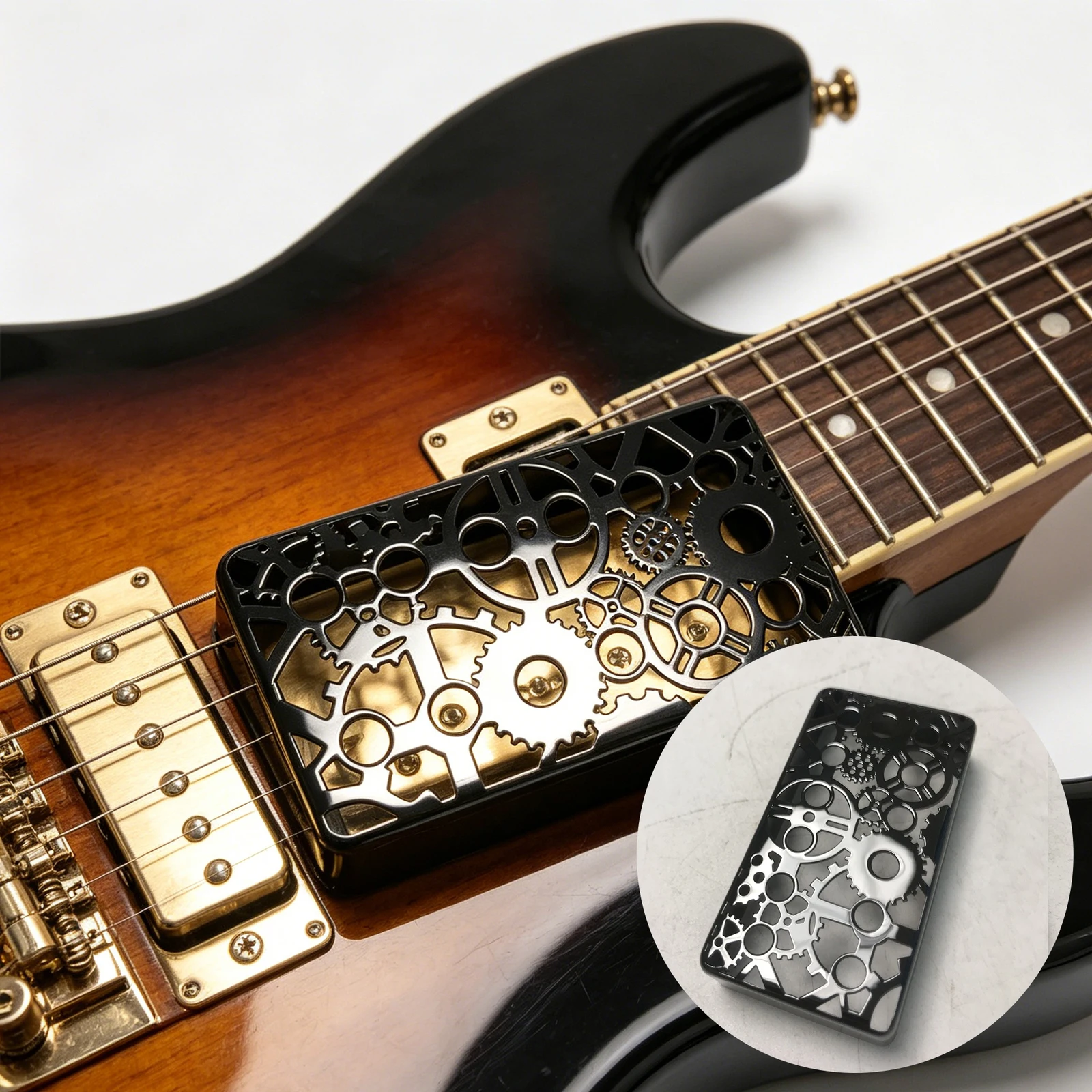 1pc Electric Guitar Bridge Dual Pickup Shell Hollow Gear Pattern 52mm Black for Closed Pickup Brass Cover