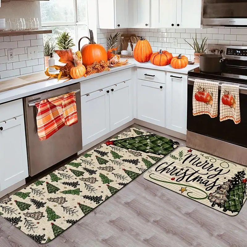 VIKAMA Christmas Tree Floor Mat Merry Christmas Happy New Year Non Slip Doormat Kitchen Entryway Holiday Home Decor