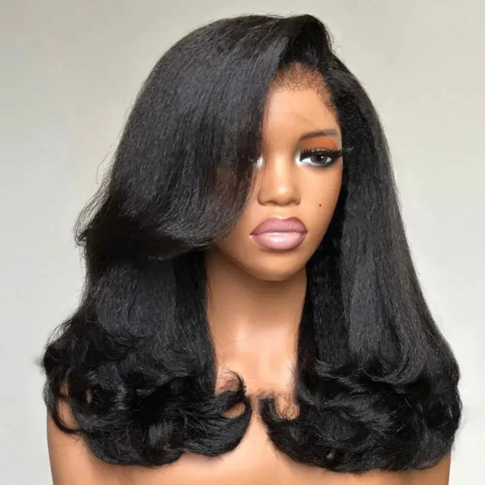 

Glueless Soft Short Kinky Straight Wave Natural Black 13x4 Lace Front Wig Yaki Wave With Baby Hair Synthetic Preplucked Daily