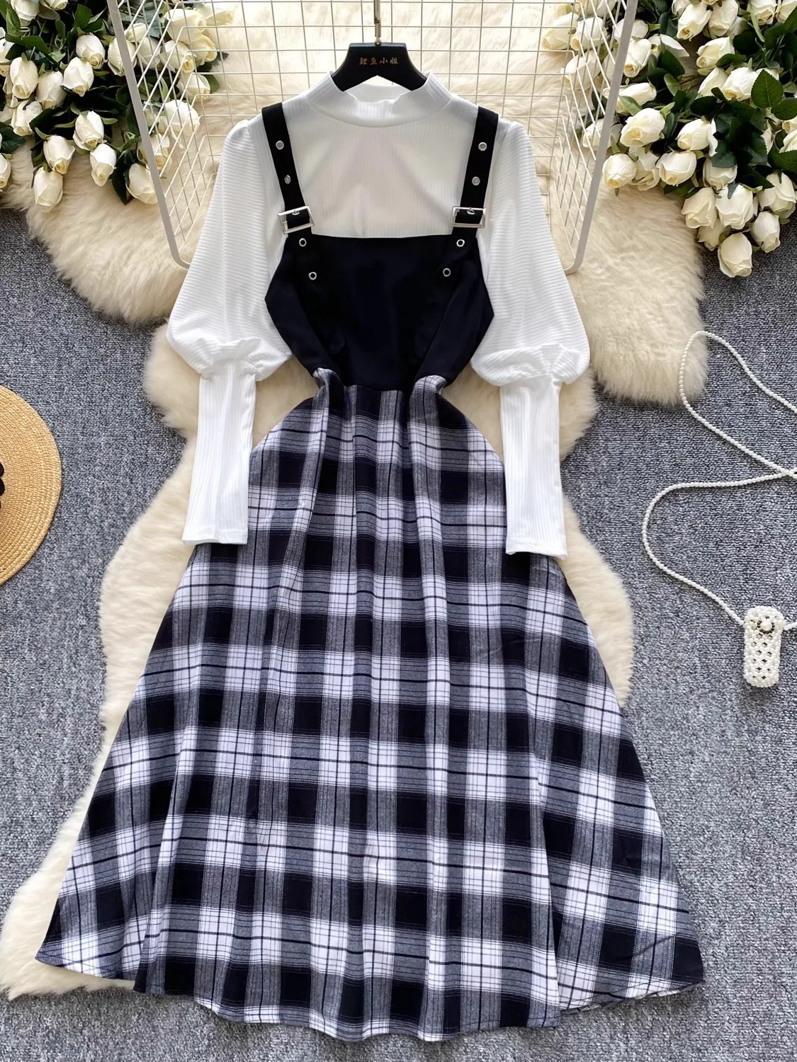 

Ele Plaid Lantern Sve Dr with oulder Straps And Color Stand Collar Top Women's Faion Set Autumn Winter