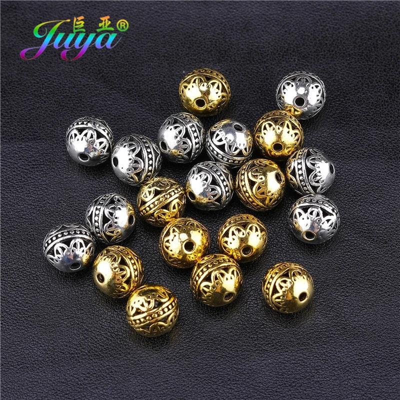 Juya 20pcs/Lot Handmade Antique Gold Silver Plated 10 12mm Hollow Decoration Metal Beads For DIY Beadwork Jewelry Making