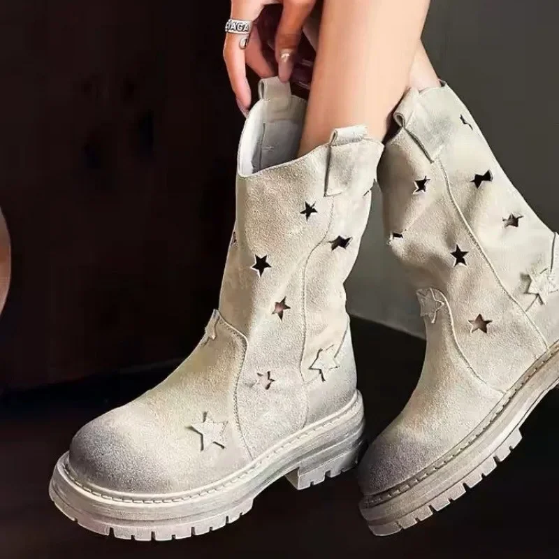 Women Western Cowgirl Boots Western Chunky Heel Round Toe Platform Star Hollow Retro Cowboy Mid Calf Boots for Women Shoes