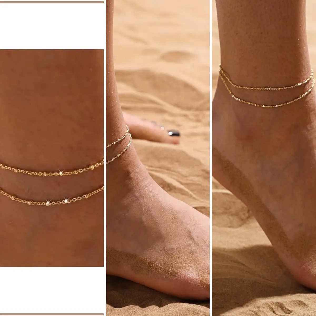 Gold/Silver Ankle Bracelets for Women,14K Gold Anklets for Women Waterproof Cuban Link Heart Beads Herringbone Rhinestone Anklet