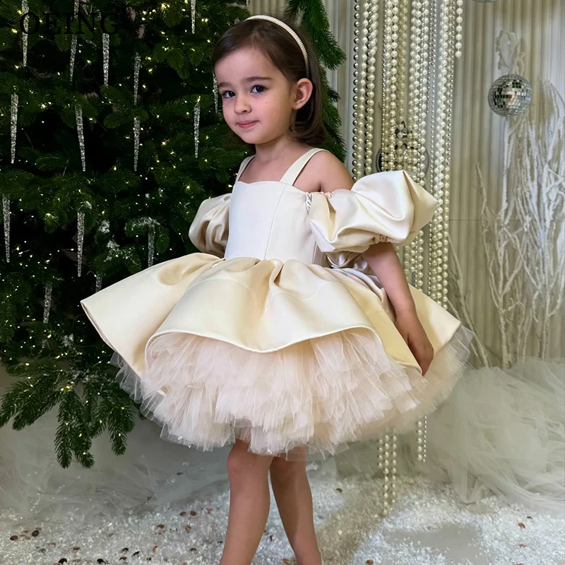 OEING Cute A-Line Flower Girl Dresses Princess Ivory Puff Sleeves Mini Wedding Party Dress Tiered Birthday Dress Customized