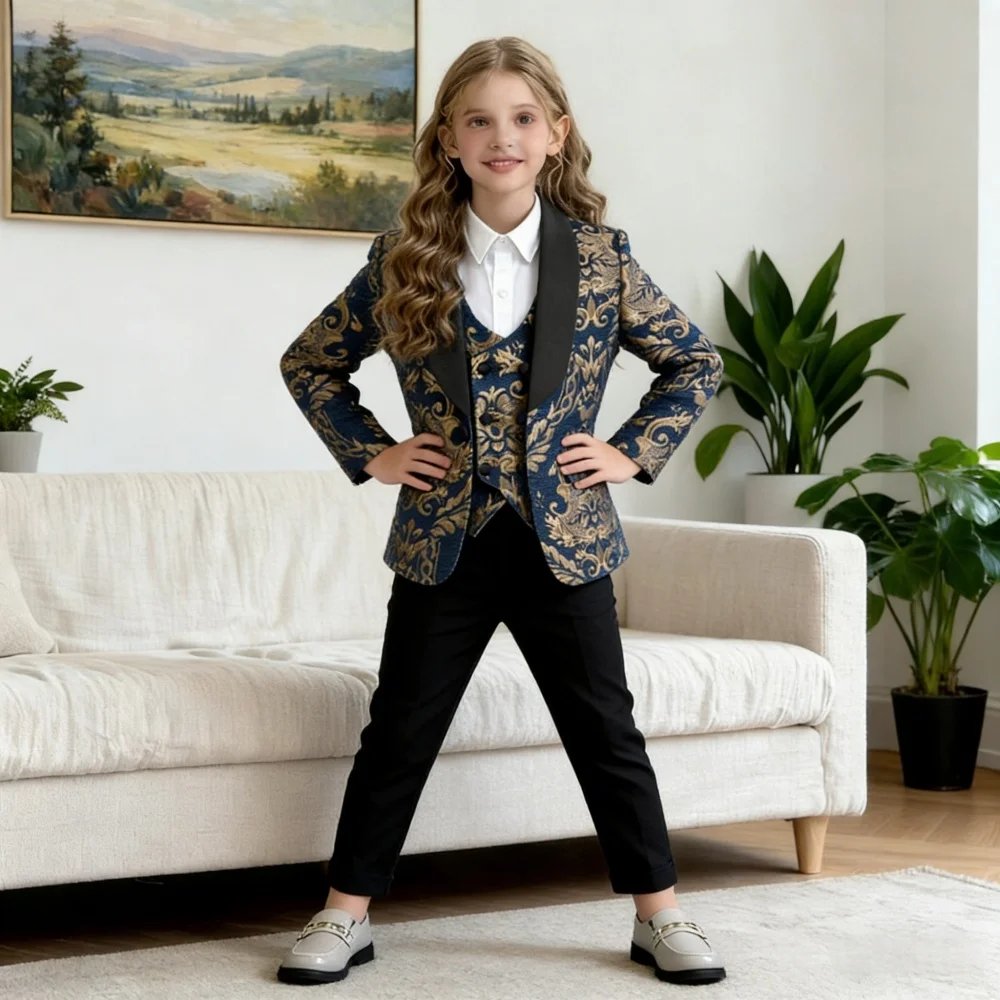 

Handsome Girls Jacquard Evening Dress Elegant Girls Suit Set Childrens Wedding Suit For Girls Black Floral Blazer Kids Prom Suit