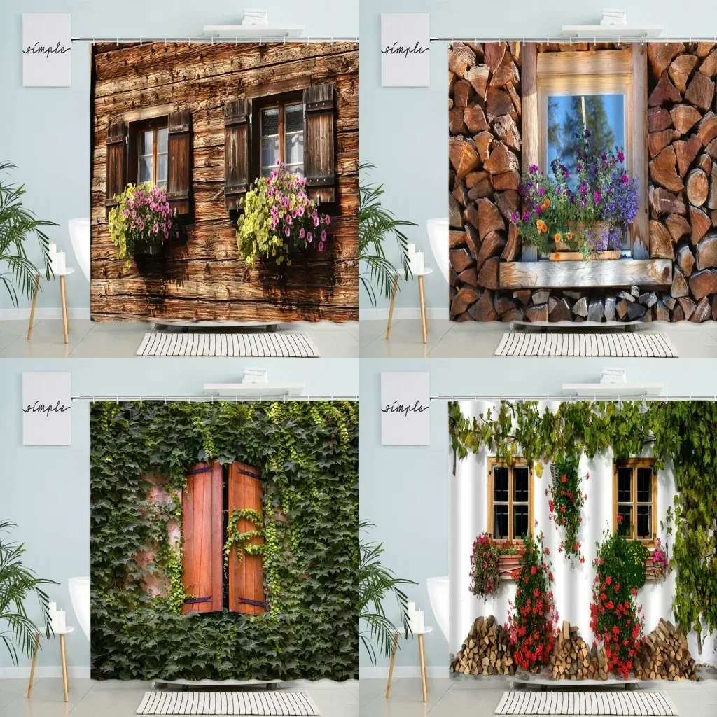 European Town Window View Shower Curtain Green Plants Flowers Vines Vintage Old Wooden House Wall Door Bathroom With Hook Screen