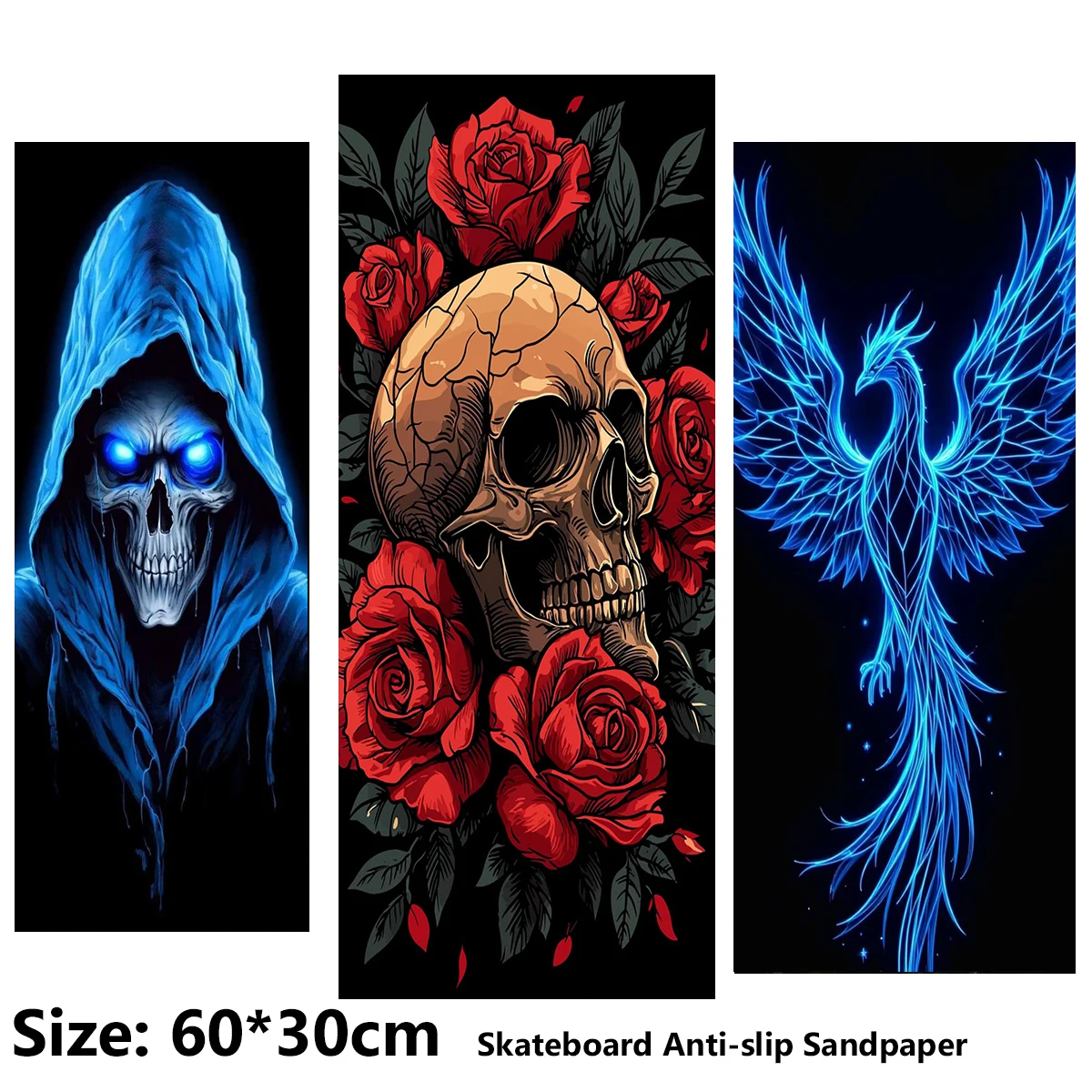 Electric Scooter Anti-slip Sticker Sandpaper Skateboard GripTape Sheet 60*30cm Rose Skull and Blue Phoenix Pattern