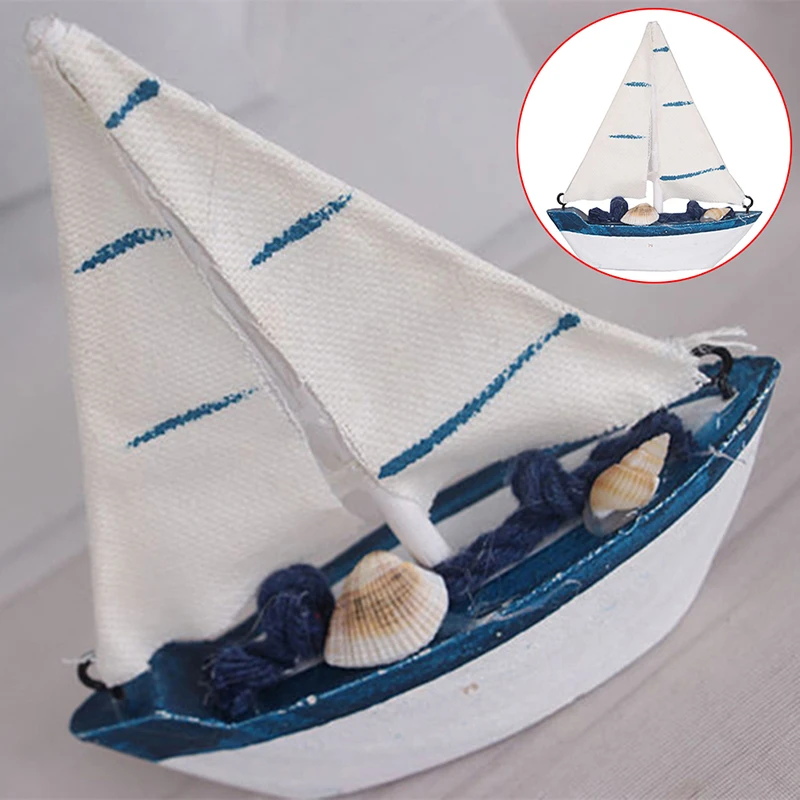 1Pcs Mediterranean Style Marine Nautical Wooden Blue Boat Ship Wood Crafts Ornaments