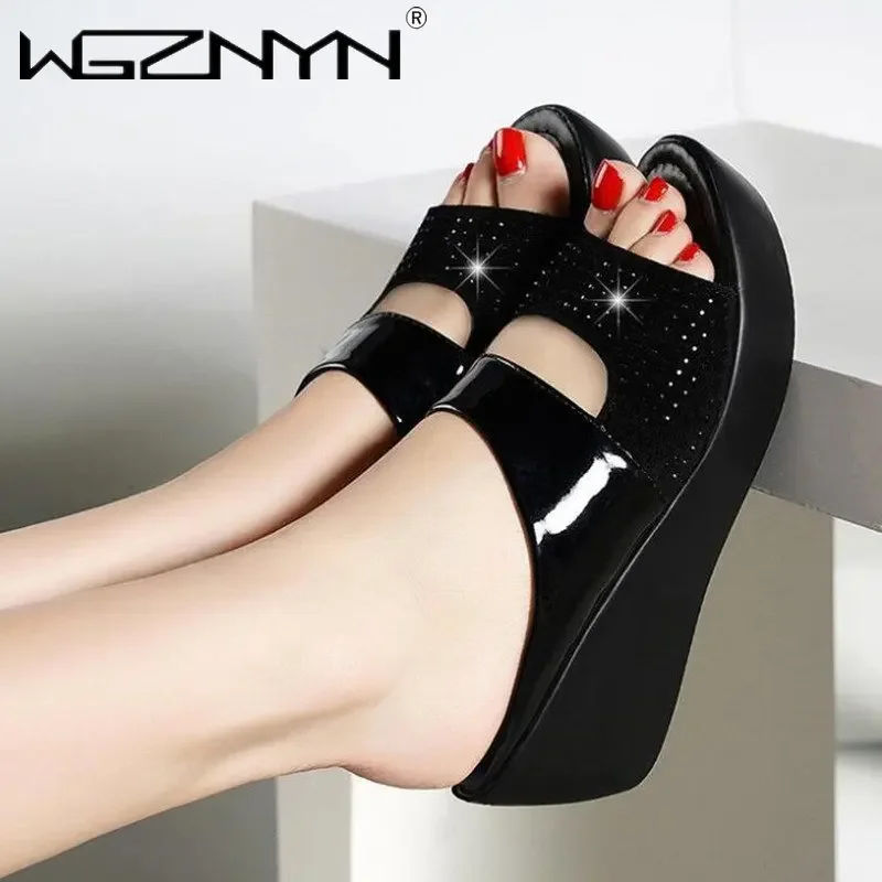 2023 New Women\'s Platform Slippers Wedge Summer Shoes Women Flip-Flops High Heels Loafers Casual Solid Color Party Bling Sandals