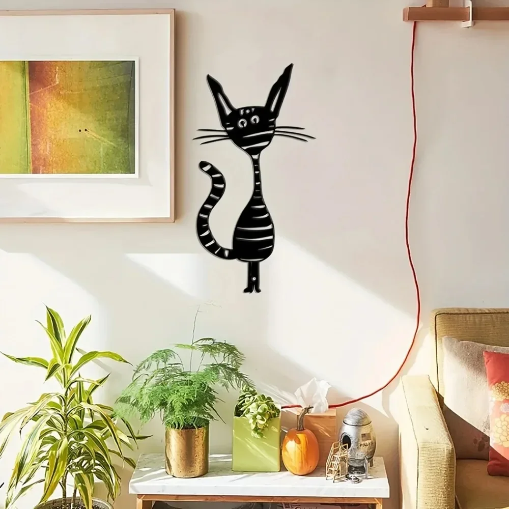 Decoración de Pared de Metal con Gato Rayado Negro, Linda Silueta de Gato de Dibujos Animados, Arte de Pared con Temática de Mascotas para Decoración de Sala de Estar