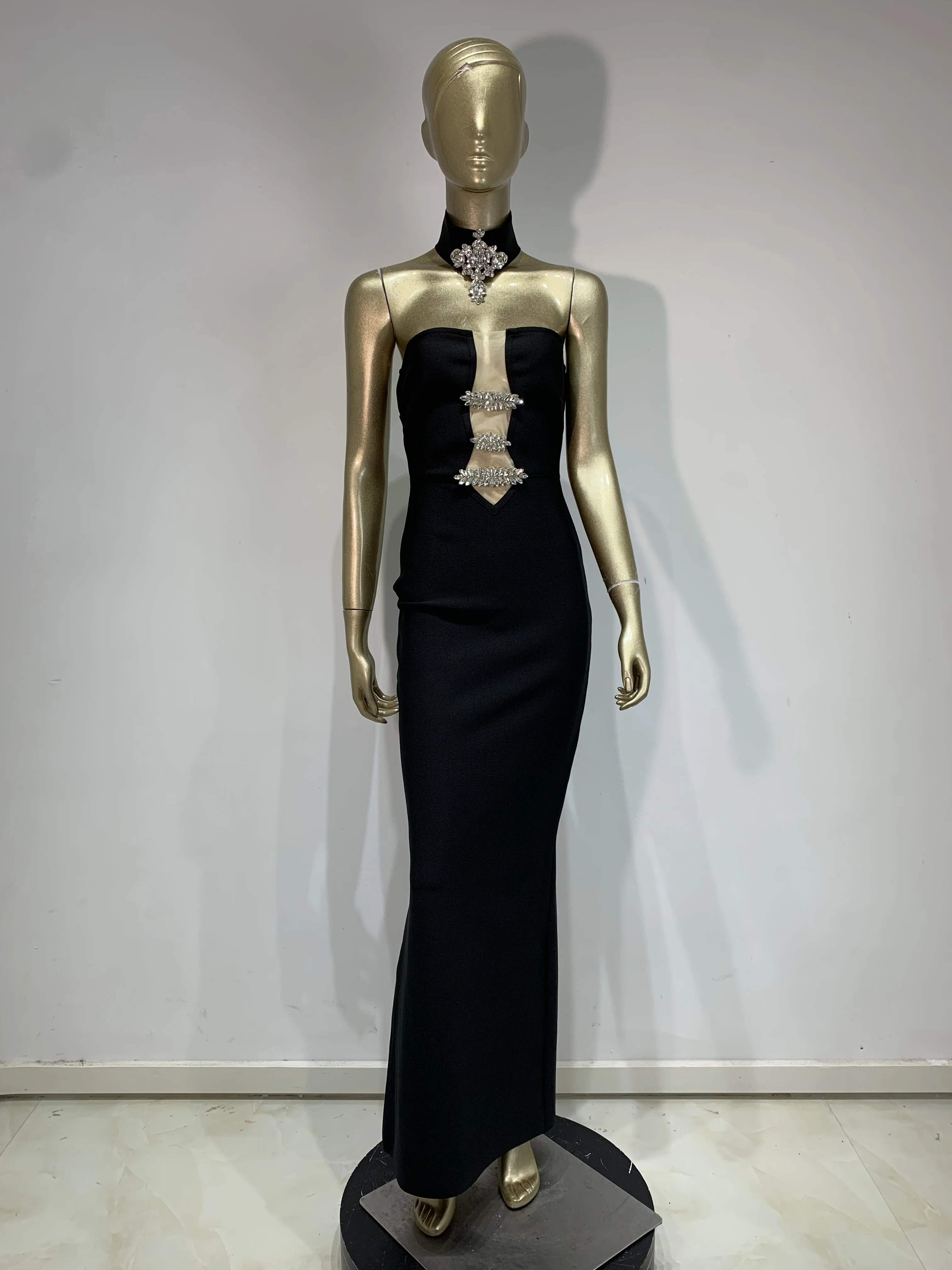 

Women Evening Party Dress Black Strapless Buckles Designer Maxi Long Bandage Dress With Choker Celebrity Gala Birthday Gowns