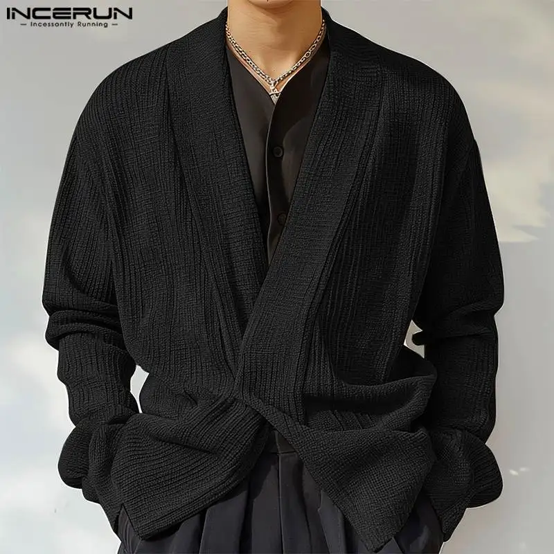 INCERUN Men Shirt Solid Color V Neck Long Sleeve Korean Style Fashion Men Clothing Streetwear Autumn 2024 Casual Shirts S-5XL