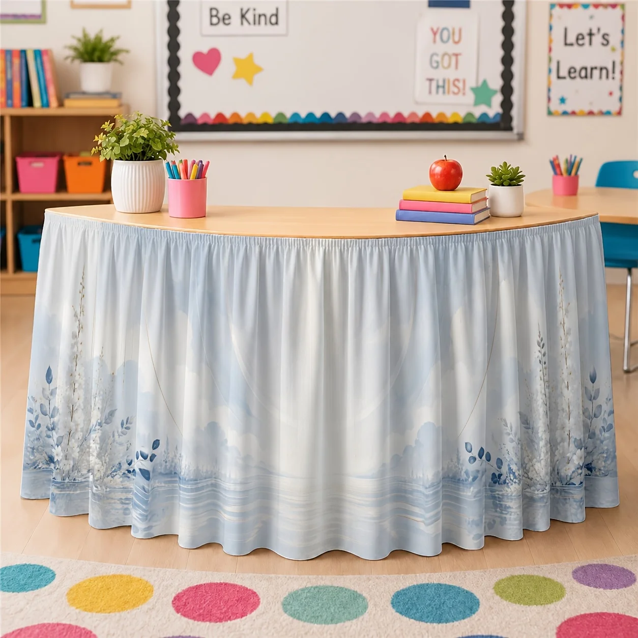 One table skirt. Winter wonderland table skirt print. Polyester. Distant exotic tranquility. Cold and minimalist.