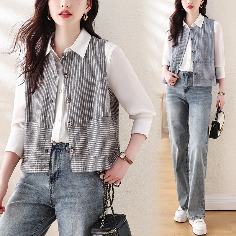 New 2024 Fashion Spring Autumn Striped Cotton Linen Button Casual Vest Jackets For Women Tank Tops Clothes Women Outwear