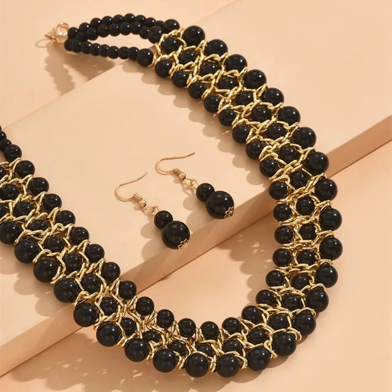 Jewelry Set Three Line Handmade Black Glasses Beads Necklace Earrings Set For Women Choker Necklaces Women Accessories