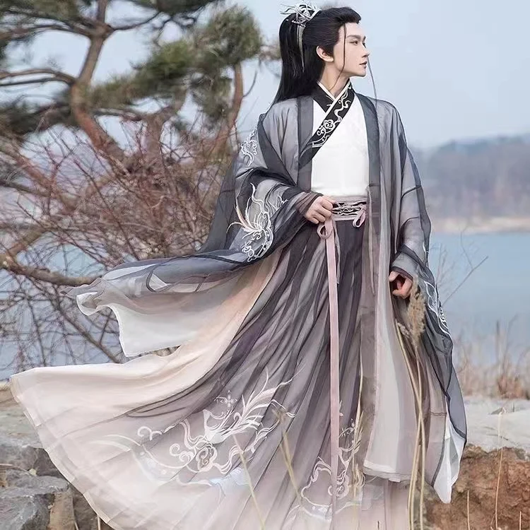 الرجال Hanfu الصينية التقليدية زي مجموعة Weijin فترة الشيفون مشد فستان الكونفوشيوسي شهم تأثيري تظهر الملابس Hanfu