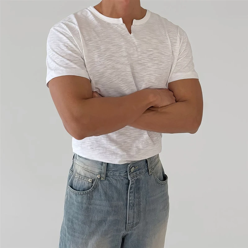 Men Plus Size 150kg Slim Fit Short Sleeve T‑Shirt Summer Textured Fabric Notch V Neck Casual Trendy Cool Guy Style Solid New Top