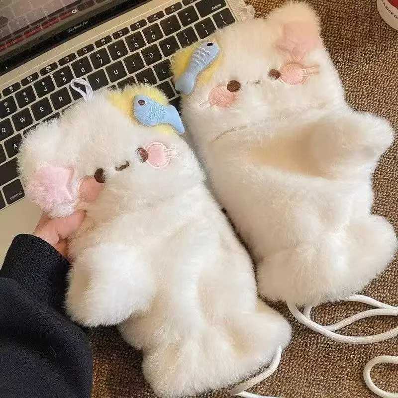 Плюшевые перчатки с милым котом, теплые и холодные студенческие перчатки, женские зимние мягкие бархатные утолщенные перчатки с клапаном, декор для девочек