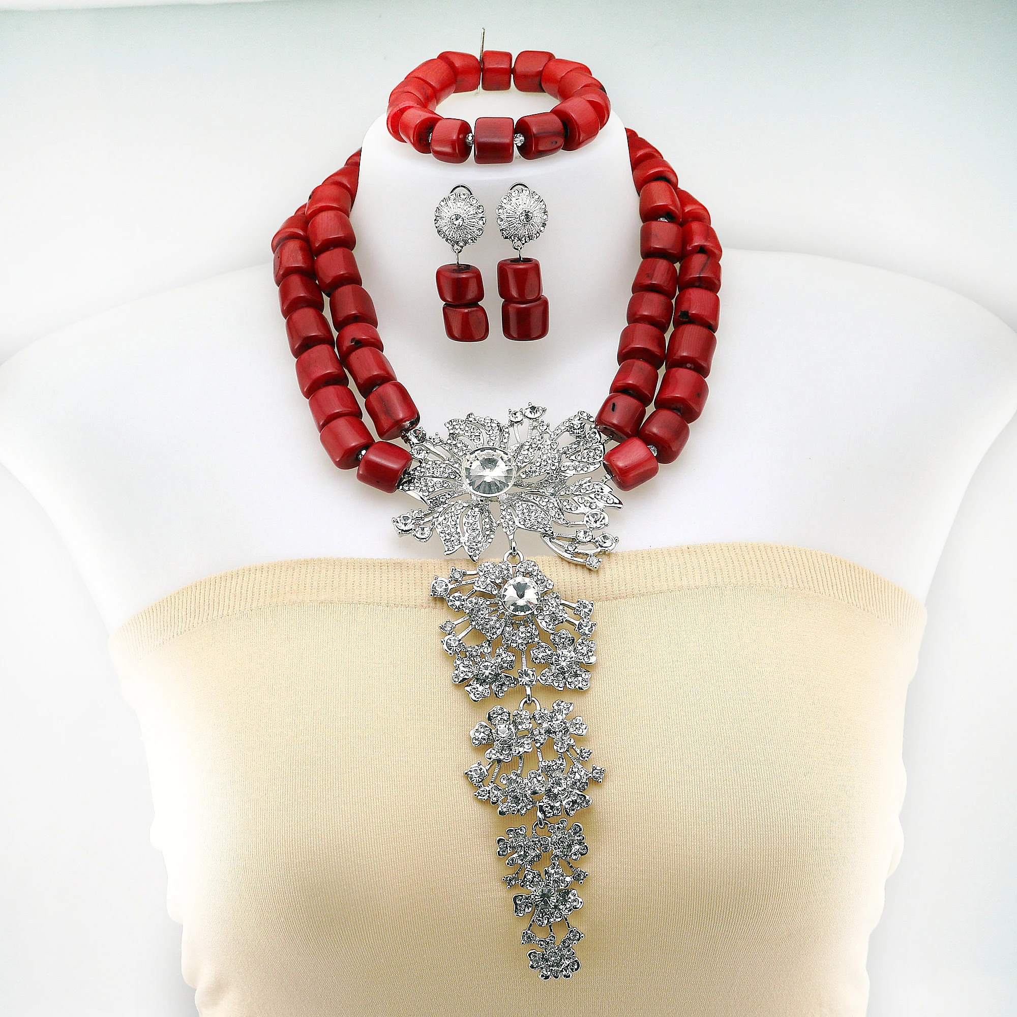 New Artificial Coral African Beads Jewelry Set Women Costume Bridal Party Jewelry Set Gift 