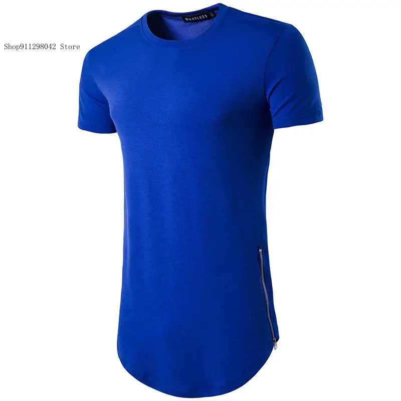 Summer Double Zipper Long Round Neck with Curved Hem Short Sleeved T-Shirt for Men