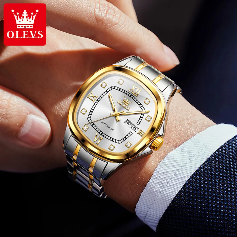 OLEVS 9810 ساعات المعصم الميكانيكية الأوتوماتيكية للرجال مربع الهاتفي التقويم مقاوم للماء الماس الهاتفي الفاخرة العلامة التجارية الأصلية رجل ساعة