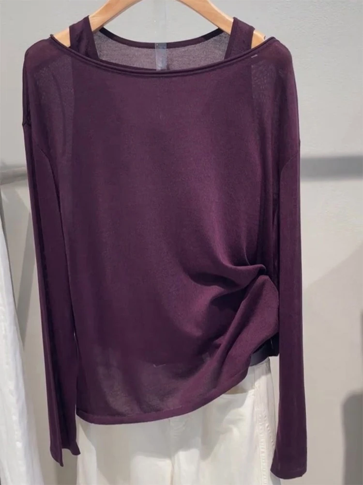 

Легкий, тонкий, длинный фиолетовый топ с длинным рукавом для зрелых женщин, осенний новый модный повседневный комплект из двух предметов, защита от солнца, женская мода