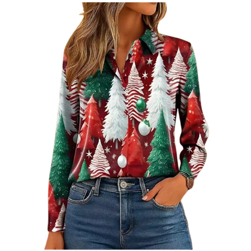 2025 feminino 3d árvore de natal impressão camisa elegante moda blusa de manga longa casual botão laclle festa wear outono noite topos