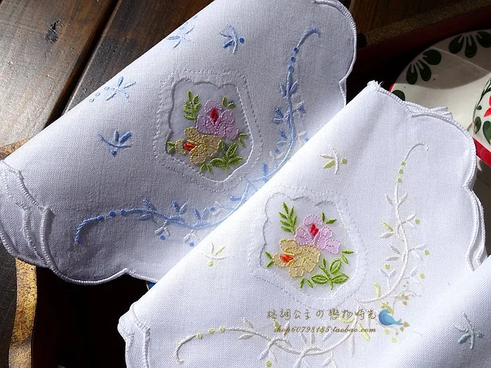 2PCS American Vintage Cotton Linen Glass Gauze Hand-embroidered Vintage Handkerchief Bread Towel Butterfly Napkins Handkerchiefs