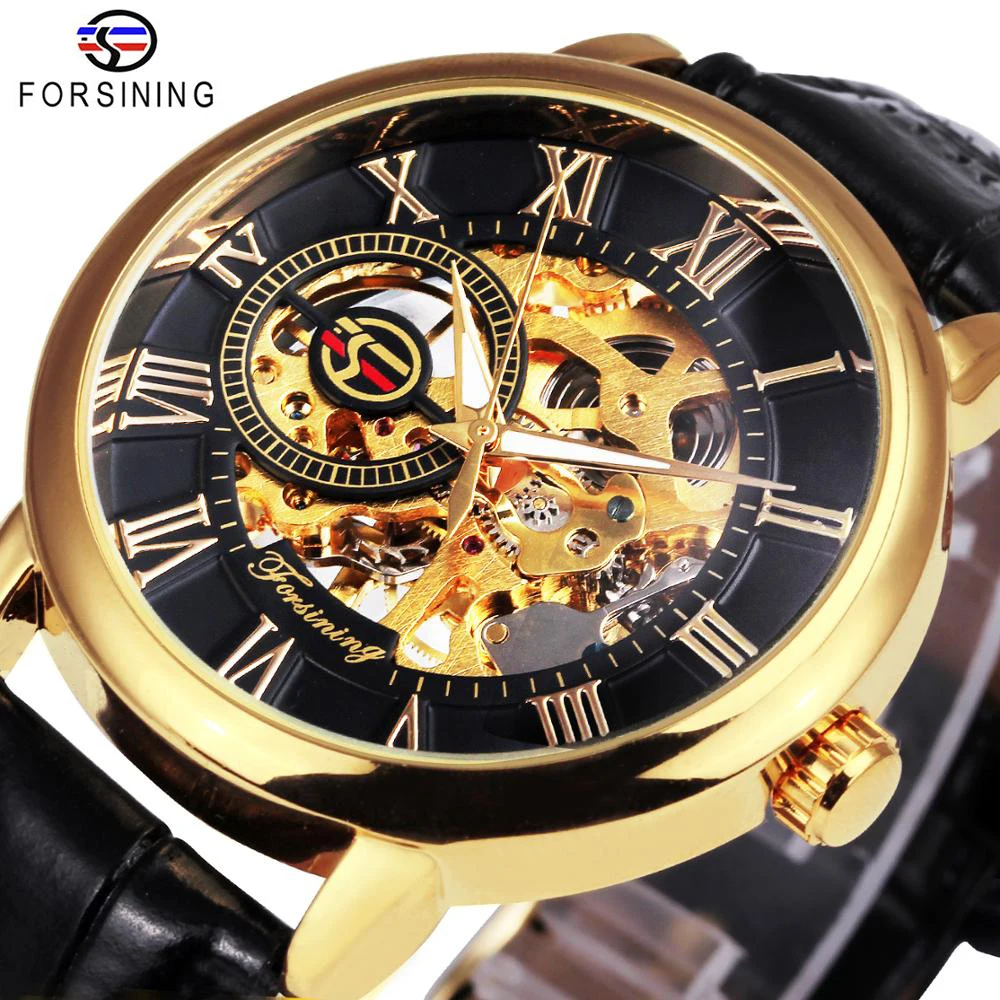 

Fashion Gold Mechanical Watch for Men Classic Skeleton Hand Winding Mens Watches Luxury Leather Strap Forsining Wristwatches New