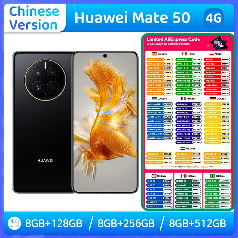 هاتف Huawei Mate 50 4G HarmonyOS 50MP 6.7 بوصة شاشة كبيرة RAM 8GB 128GB/256GB/512GB 2700x1224px هاتف مستعمل
