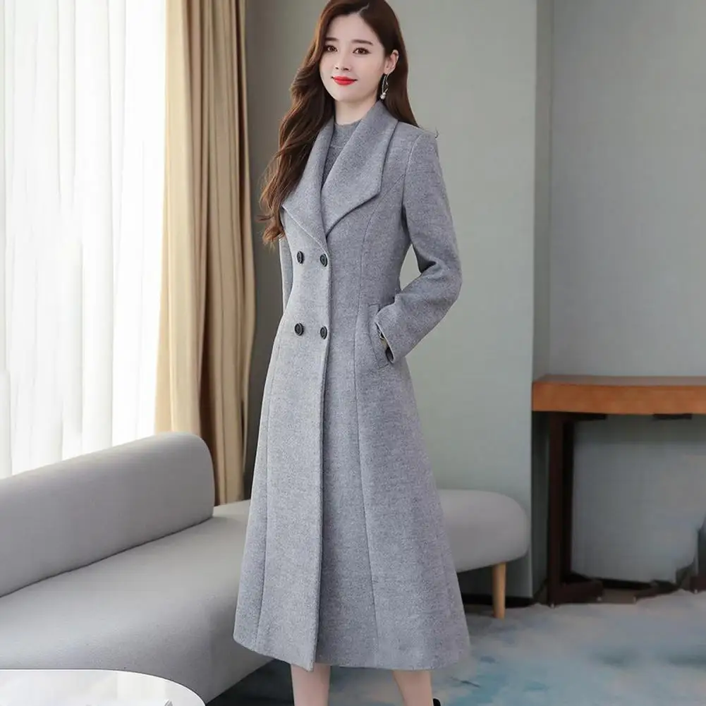 

Woolen Coat Women Lapel Long Sleeves Waist Tight Loose Hem Autumn Winter Buttons Placket Solid Mid-Calf Length Cardigan Coat Top