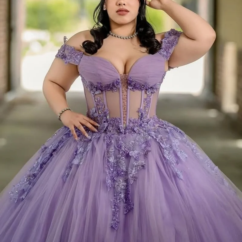 

Фиолетовое платье Quinceanera с открытыми плечами по индивидуальному заказу, тюлевое кружевное многослойное платье с цветочной аппликацией, платья de 15, Quinceanera