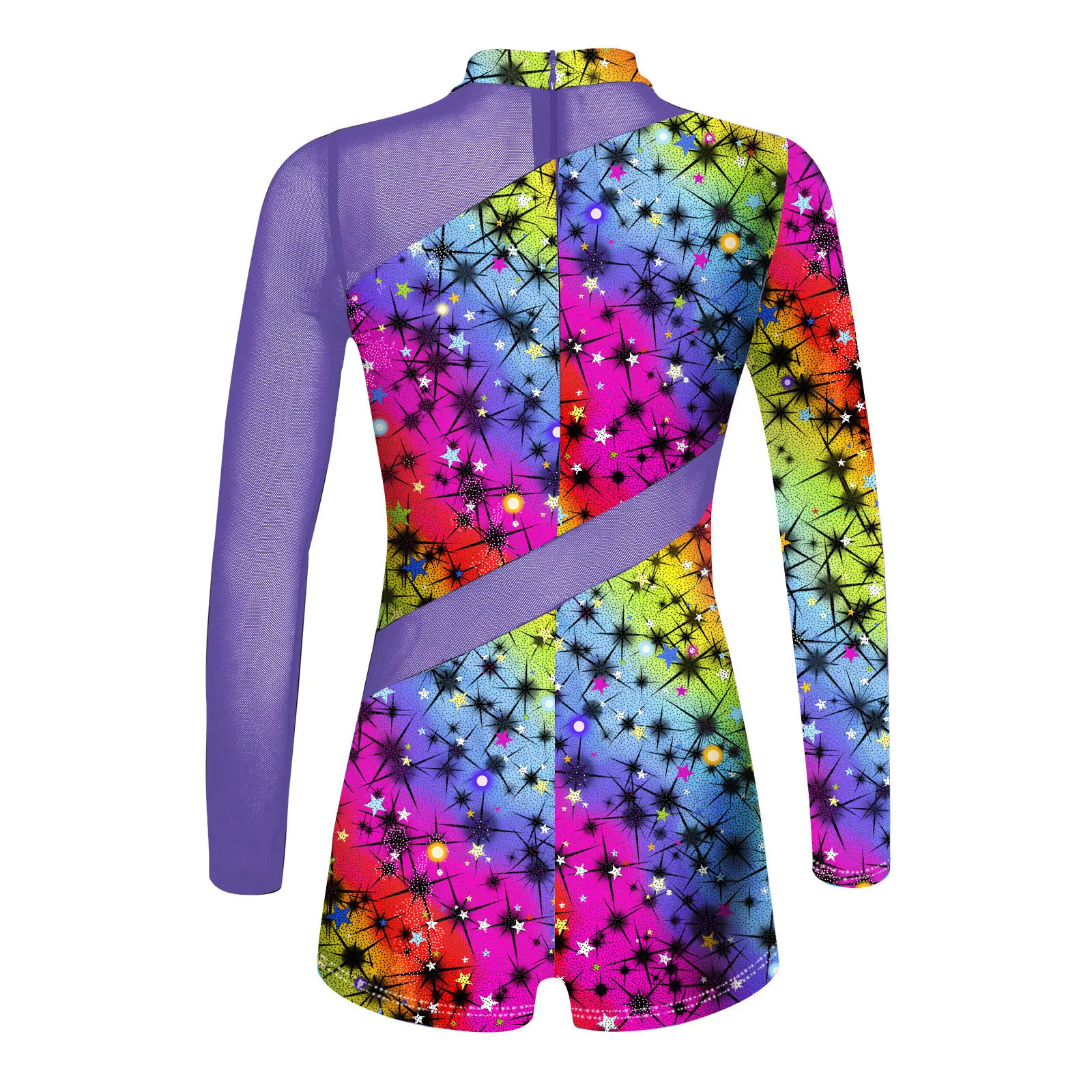 Teenagers Girls Printing Gymnastics Leotard Jumpsuit Ballet Dance Costumes Long Sleeve Mesh Patchwork Unitard Dance Performance