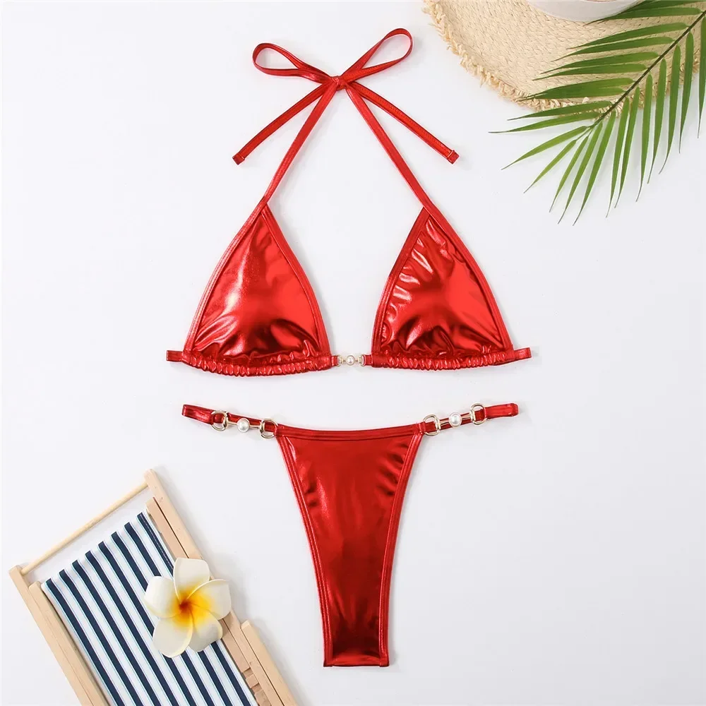 Maillot de bain à lacets rouge brillant pour femme, string, licou, triangle, micro, sexy, ensemble deux pièces, bikini, 2025