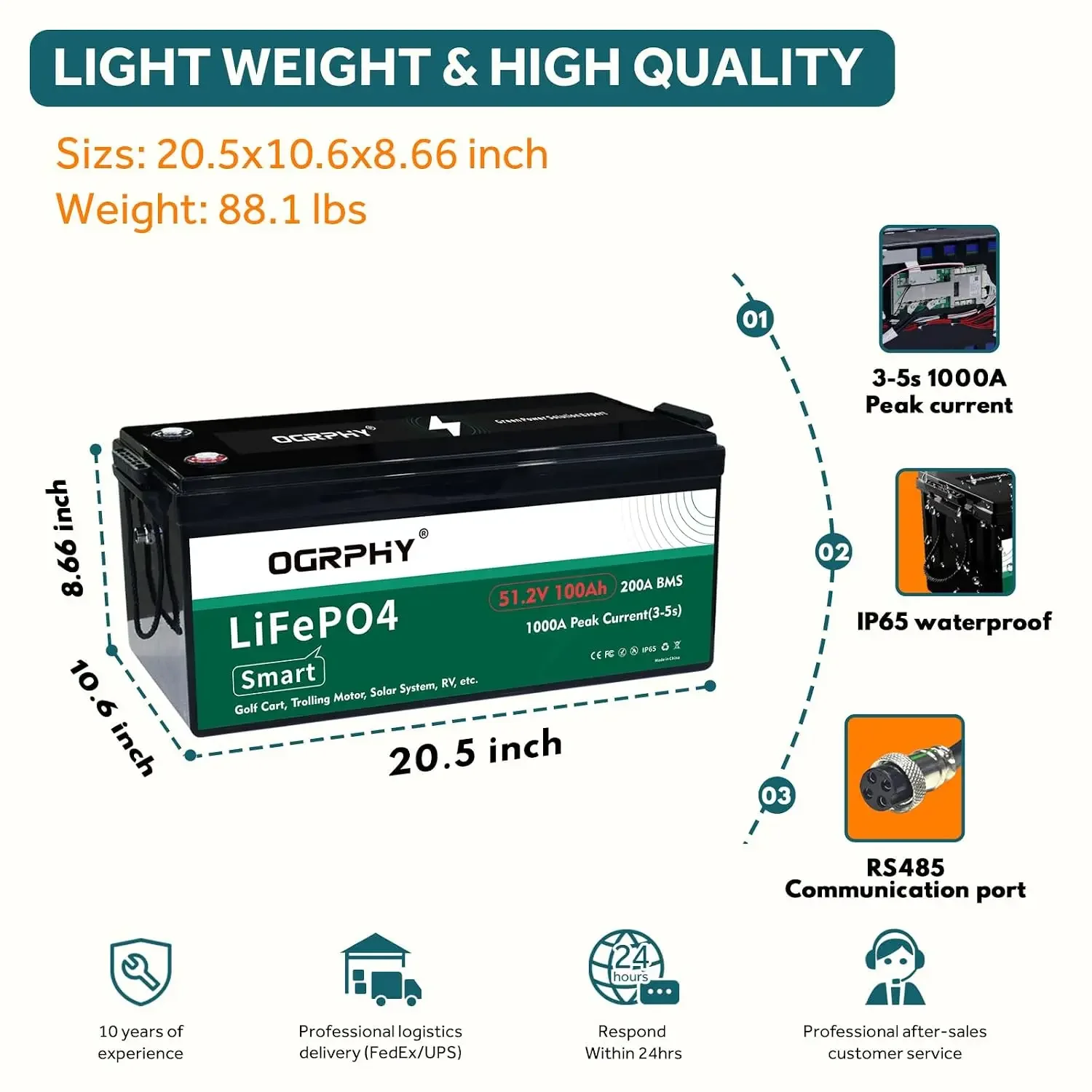 48V Lithium Battery with Onboard 18A LiFePO4 Battery Charger & 200A BMS, 5.12kWh 48V 100Ah Lithium Golf Cart, Customized