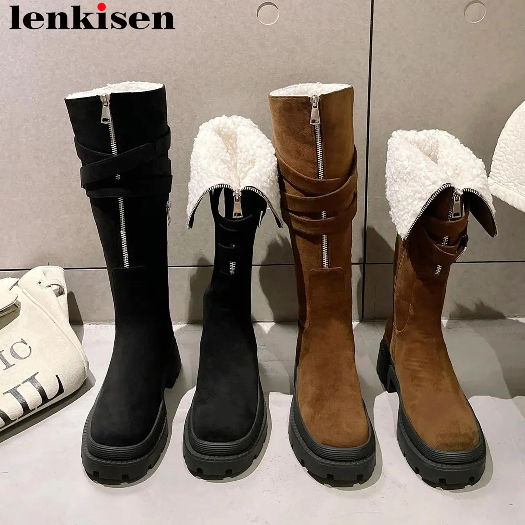 Lenkisen Keep Warm Flock Wool Fur Round Toe Platform Med Heels Snow Boots Winter Casual Vintage Solid Fashion Thigh High Boots