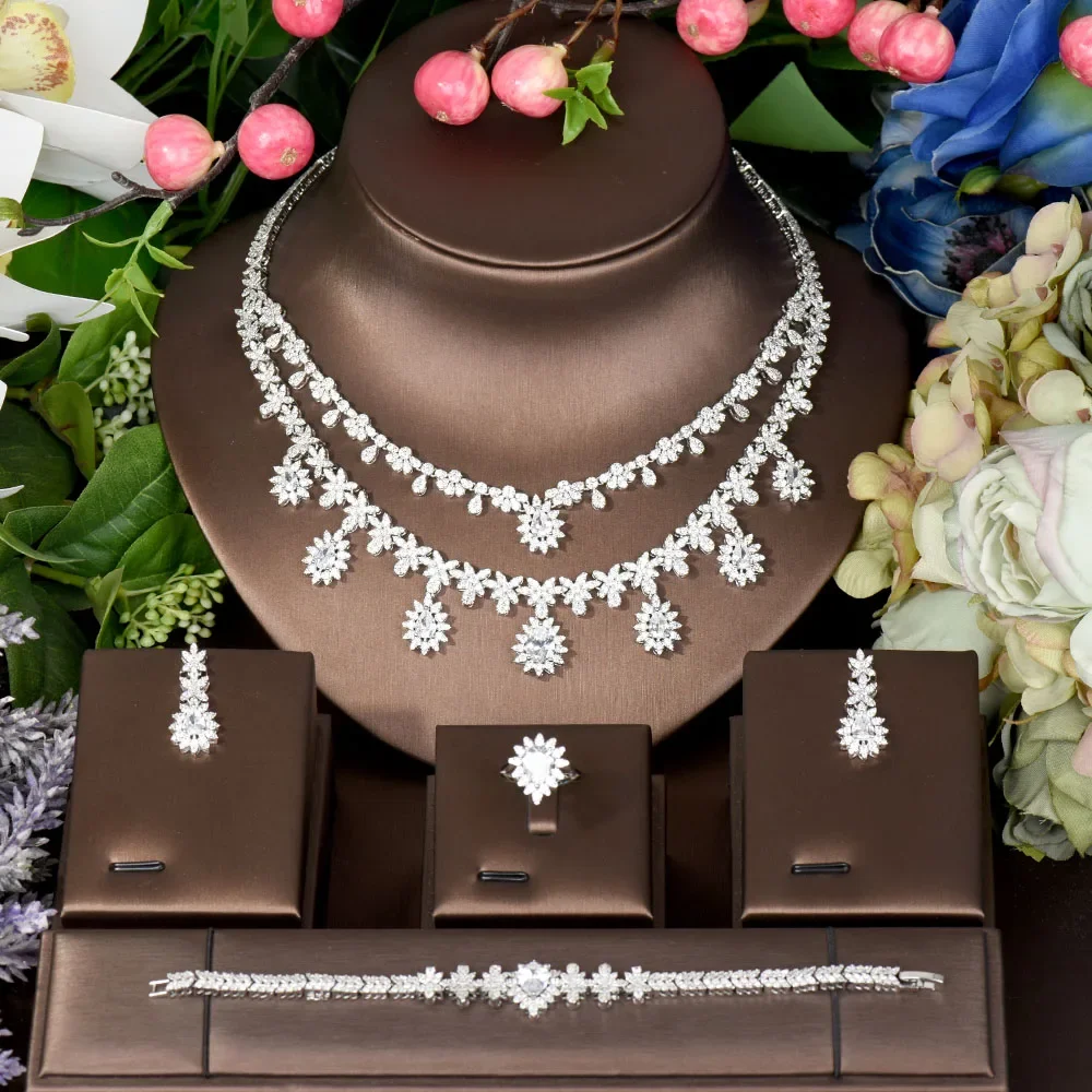 Moda coreana due strati impilati fiore collana pendente orecchini gioielli donne set nuziale festa cena vestito accessori Q-46