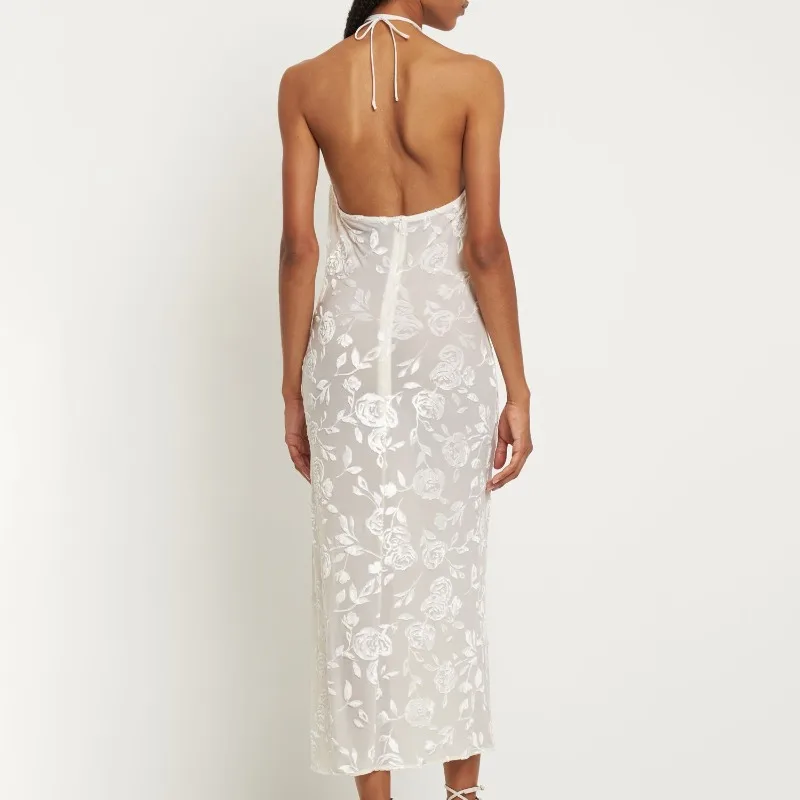 Sexy feminino ver através 3d floral bodycon vestido de noite elegante halter fora do ombro sheer espartilho magro festa sereia vestido convidado